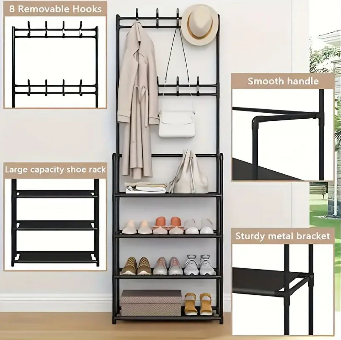Sturdy 5-Tier Black Metal Shoe & Hat Rack with 8 Hooks - Contemporary Multi-Functional Storage Shelf, Easy Assembly, Ideal for Entryway, Living Room, Dorm, Bathroom, Shoe Storage Organizer