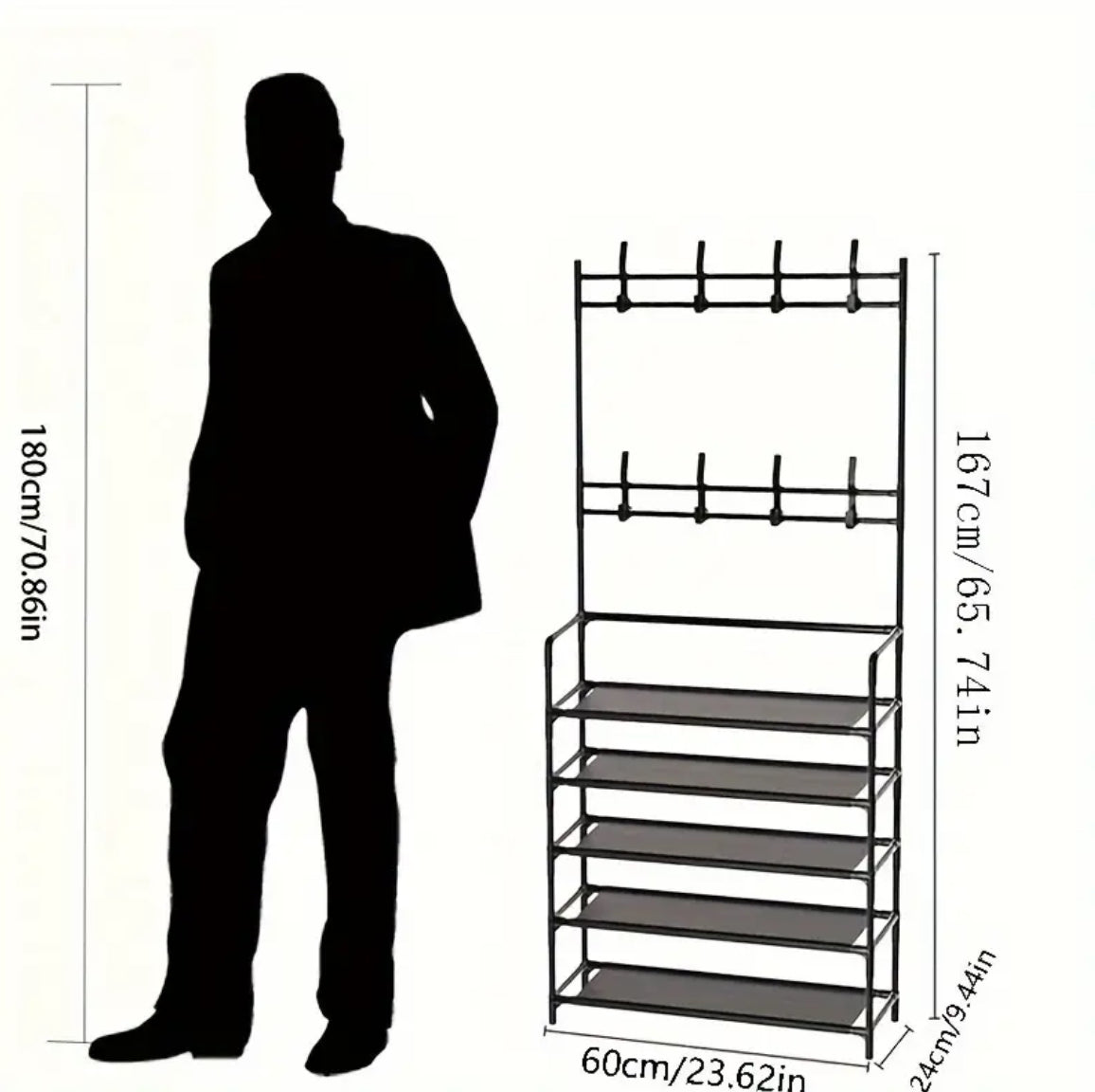 Sturdy 5-Tier Black Metal Shoe & Hat Rack with 8 Hooks - Contemporary Multi-Functional Storage Shelf, Easy Assembly, Ideal for Entryway, Living Room, Dorm, Bathroom, Shoe Storage Organizer