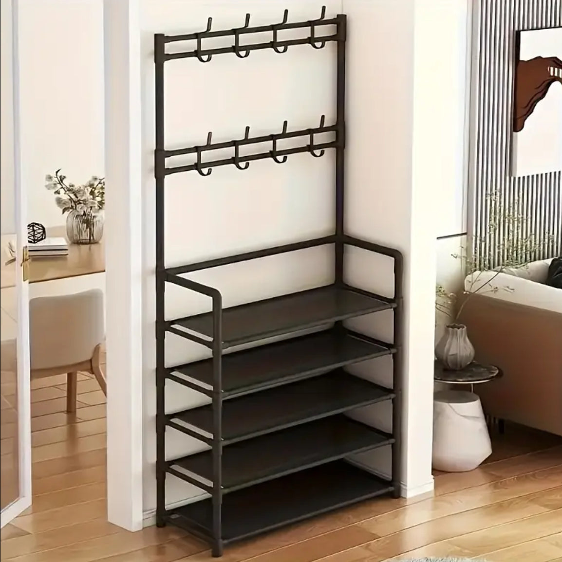 Sturdy 5-Tier Black Metal Shoe & Hat Rack with 8 Hooks - Contemporary Multi-Functional Storage Shelf, Easy Assembly, Ideal for Entryway, Living Room, Dorm, Bathroom, Shoe Storage Organizer