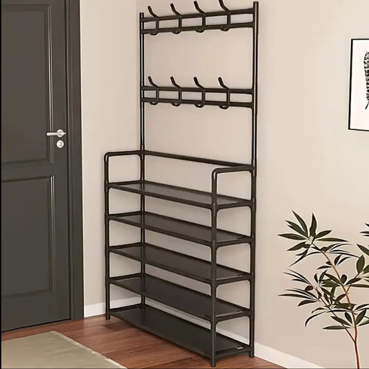 Sturdy 5-Tier Black Metal Shoe & Hat Rack with 8 Hooks - Contemporary Multi-Functional Storage Shelf, Easy Assembly, Ideal for Entryway, Living Room, Dorm, Bathroom, Shoe Storage Organizer